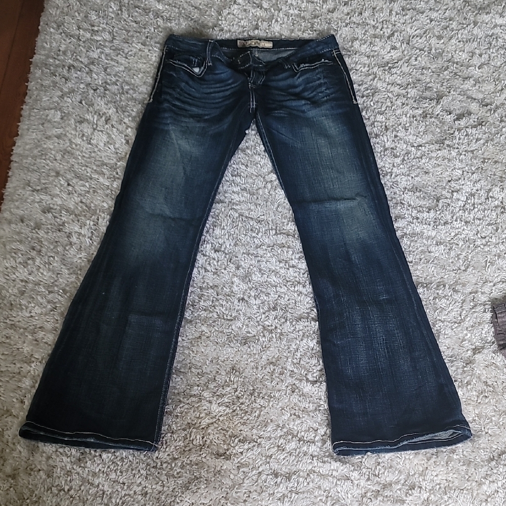 BKE Blue Flare Wide Leg Jeans with Distressed Look